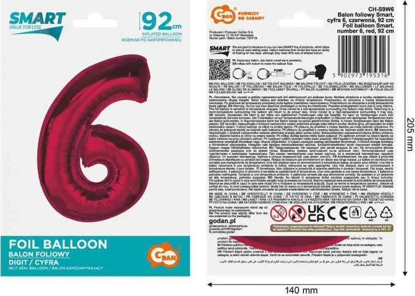 GoDan Foil balionas numeris 6 raudonas Smart 92cm