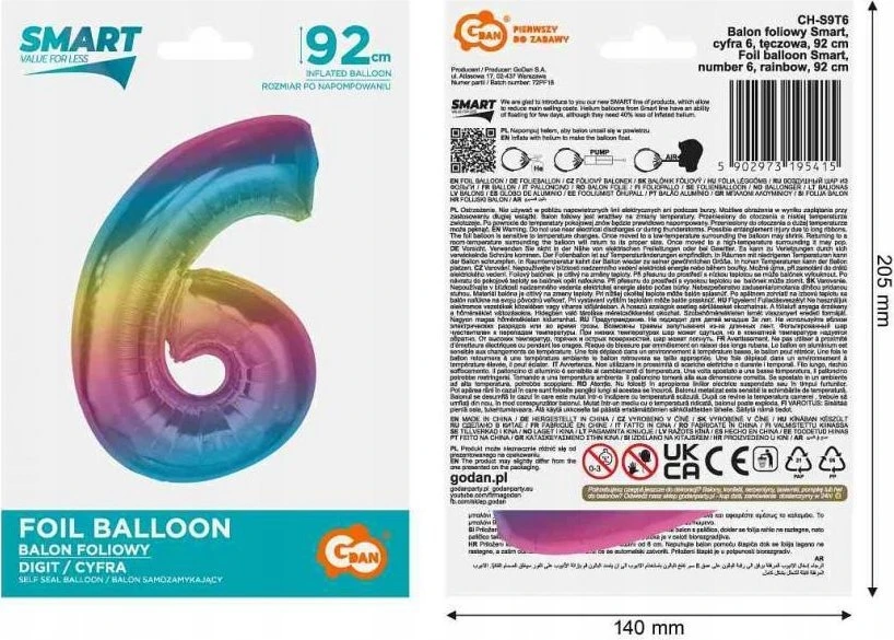 GoDan Foil balionas numeris 6, vaivorykštė Smart, 92 cm