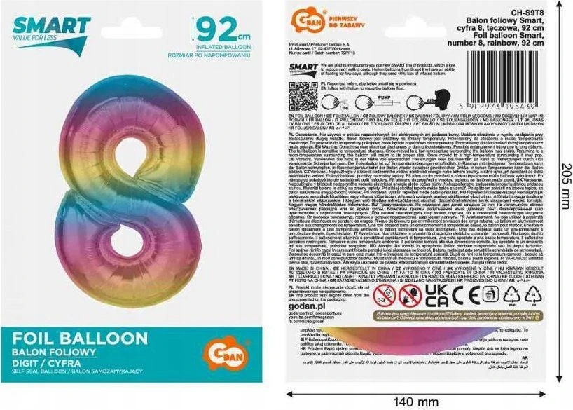 GoDan Foil balionas numeris 8, vaivorykštė Smart, 92 cm