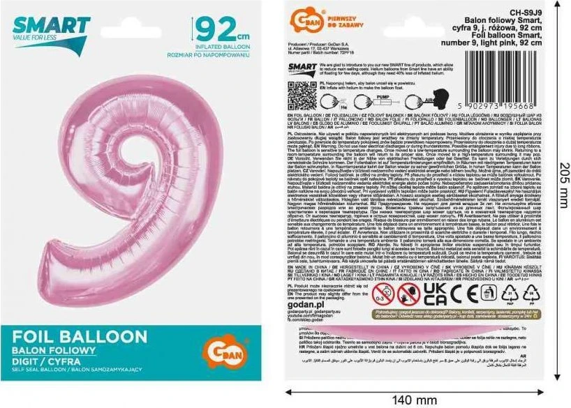GoDan Foil balionas numeris 9 šviesiai rožinis Smart 92cm