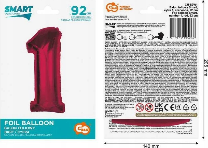 GoDan folijos balionas Nr. 1 Raudona Smart 92cm