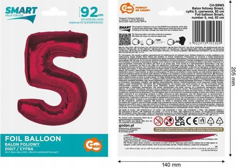 GoDan folijos balionas Nr. 5 Raudona Smart 92cm