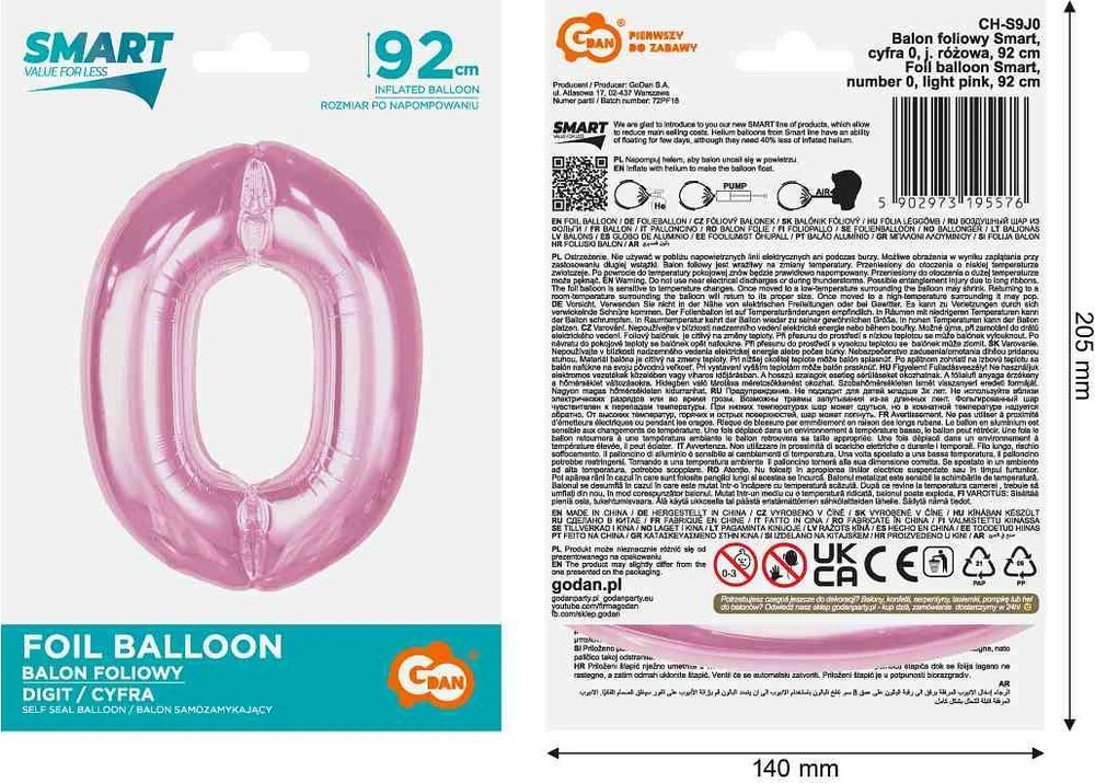 GoDan folijos balionas numeris 0 Šviesiai rožinis Smart 92cm