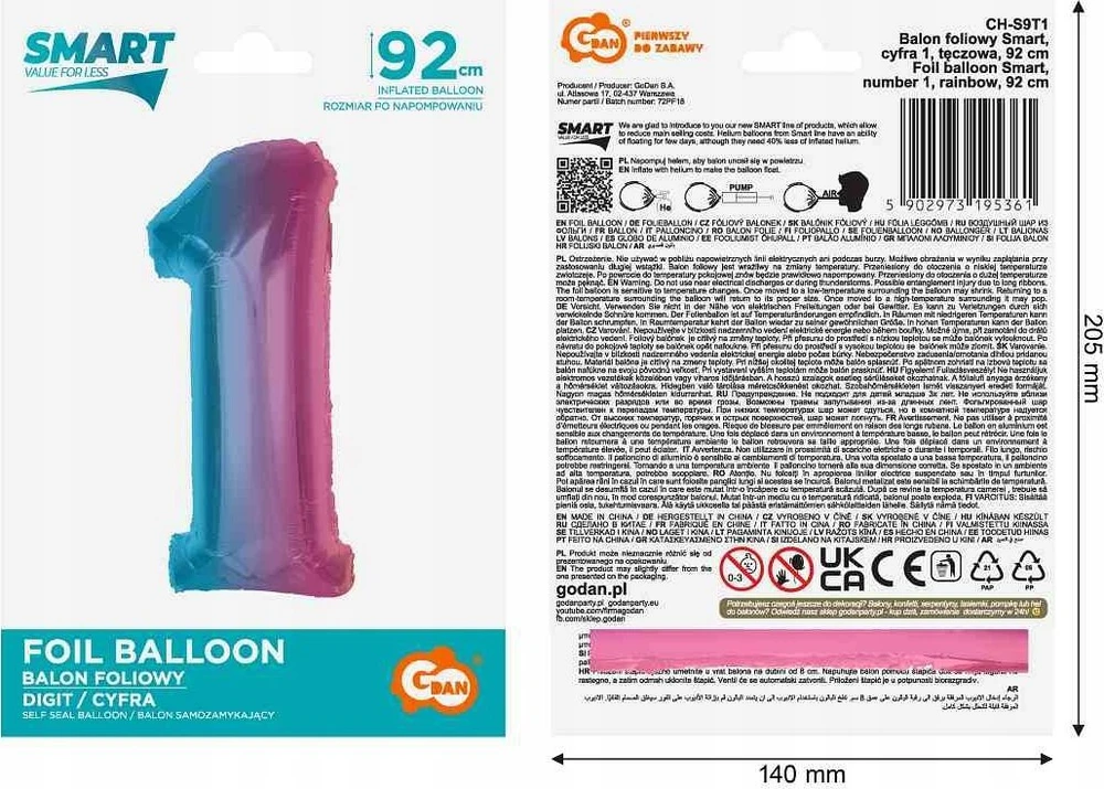 GoDan folijos balionas numeris 1 Rainbow Smart 92cm
