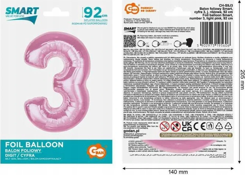 GoDan folijos balionas numeris 3 šviesiai rožinis išmanusis 92 cm