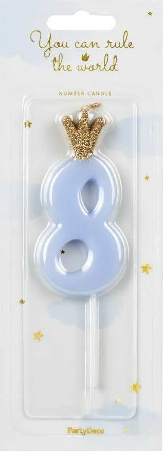 PartyDeco Žvakutė Skaičius su karūna, žydra 9,5cm, Skaičius: 8