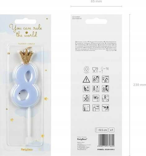 PartyDeco Žvakutė Skaičius su karūna, žydra 9,5cm, Skaičius: 8