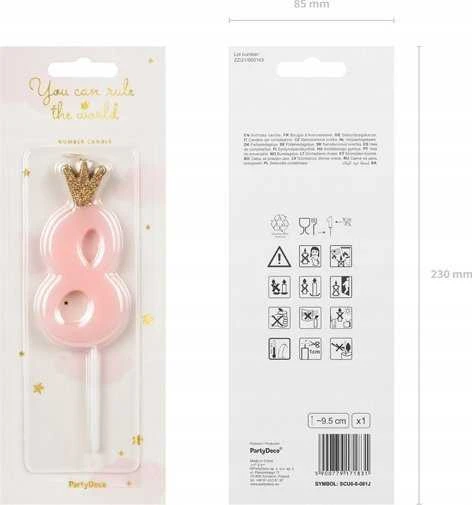 PartyDeco Žvakutė Skaičius su karūna, rausva 9,5cm, Skaičius: 8