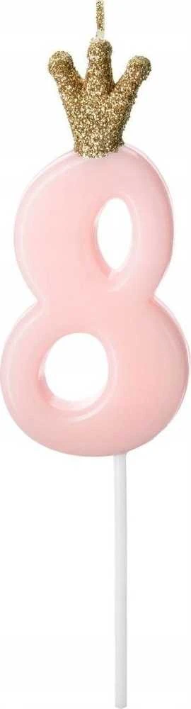 PartyDeco Žvakutė Skaičius su karūna, rausva 9,5cm, Skaičius: 8
