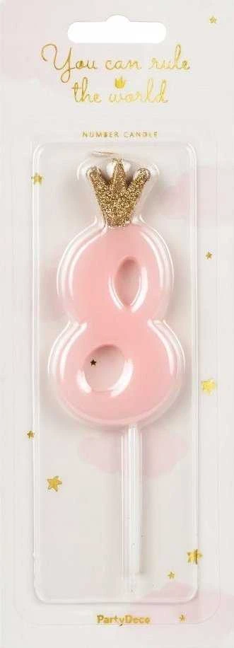 PartyDeco Žvakutė Skaičius su karūna, rausva 9,5cm, Skaičius: 8