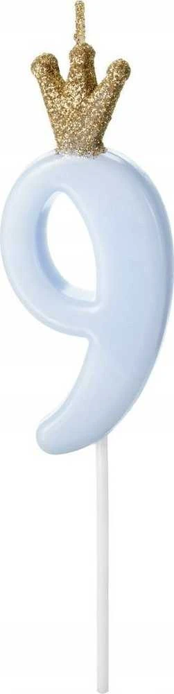 PartyDeco Žvakutė Skaičius su karūna, žydra 9,5cm, Skaičius: 9