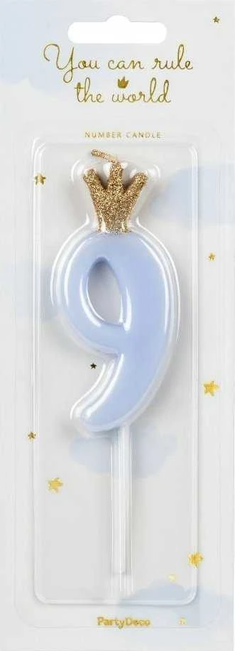 PartyDeco Žvakutė Skaičius su karūna, žydra 9,5cm, Skaičius: 9