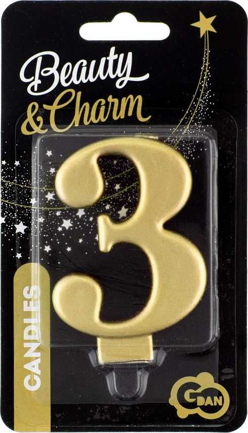 GoDan Number 3 žvakė, metalinė auksinė, 8,0 cm PF-SCZ3