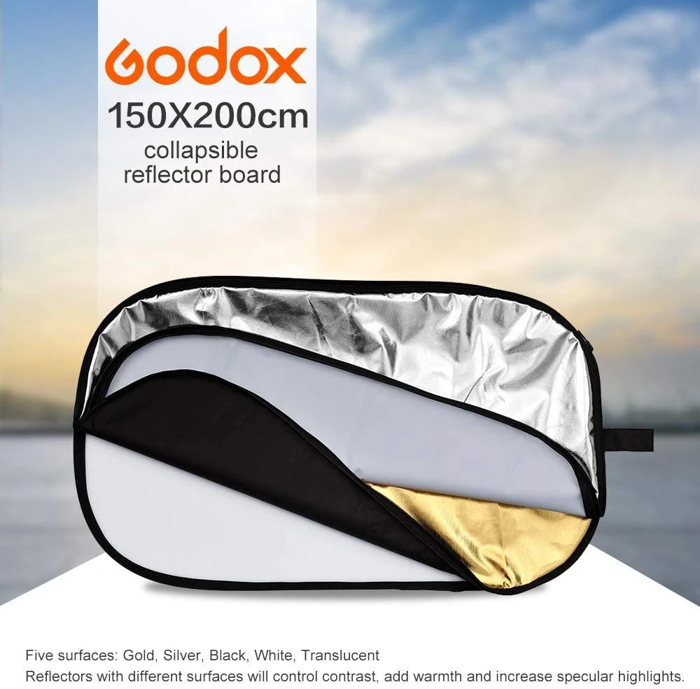 Fotografijos priedas - Godox 5 in 1 reflektorius diskas 150x200cm auksinis/švininis/juodas/baltas/permatomas
