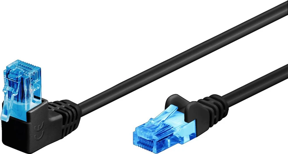 „Goobay CAT 6A“ jungiamasis kabelis, 1x 90° kampu, U/UTP, juodas, 0,5 m, Cat6a, U/UTP (UTP), RJ-45, RJ-45, juodas