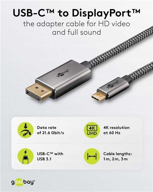 Goobay 75705, 2 m, USB C tipo, DisplayPort, kištukas, kištukas, tiesus