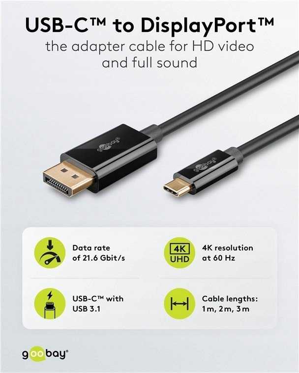 Goobay 75705, 2 m, USB C tipo, DisplayPort, kištukas, kištukas, tiesus