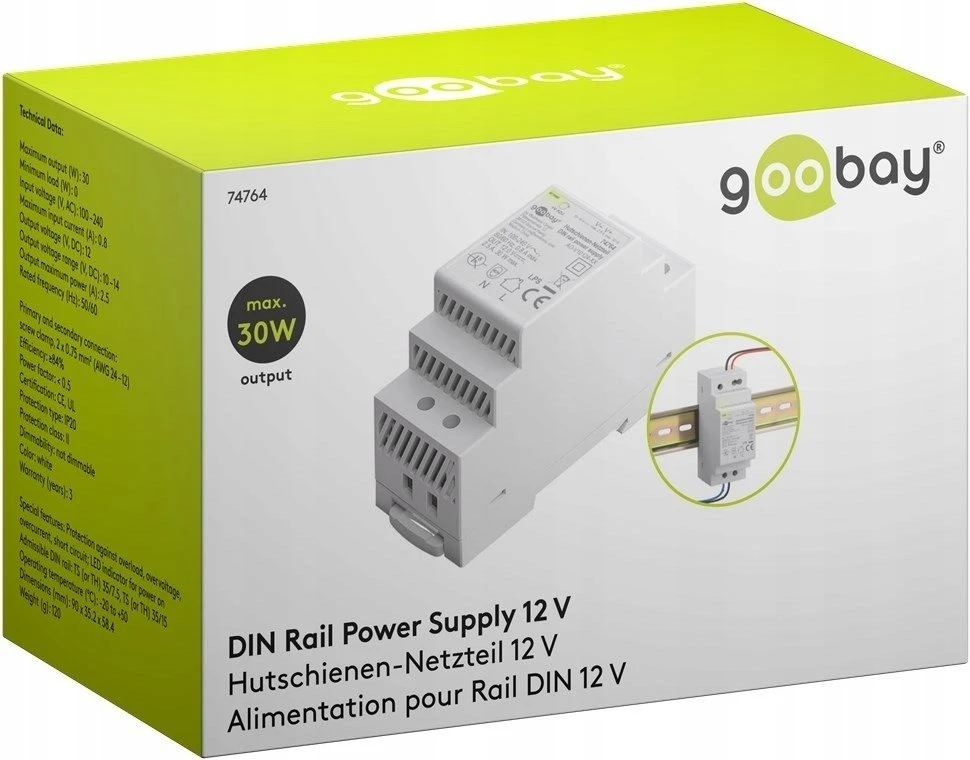 Goobay Maitinimo šaltinis na szynę DIN 12 V (DC), 2,5 A, 30 W
