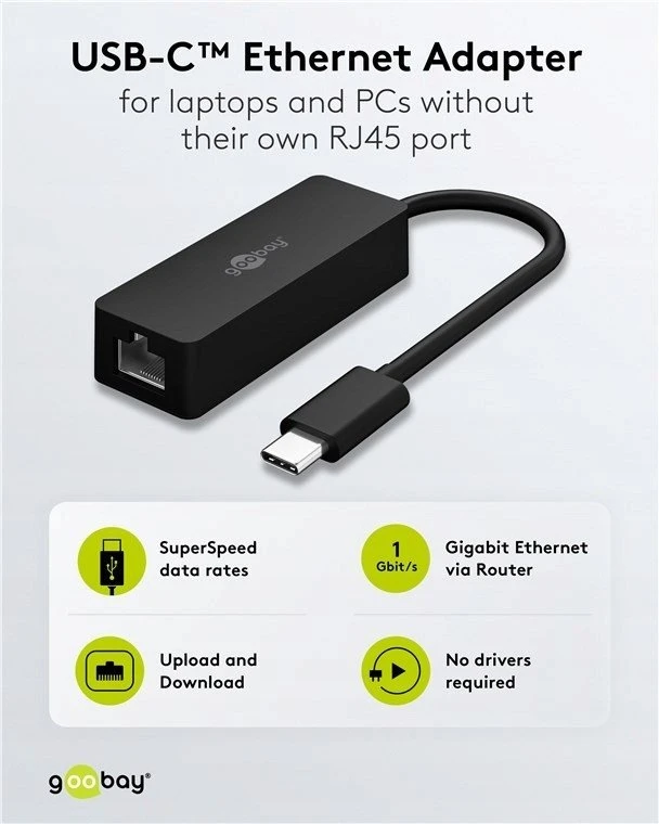 Karta jungiama į tinklą Goobay Adapteris USB-C™ Ethernet, juoda