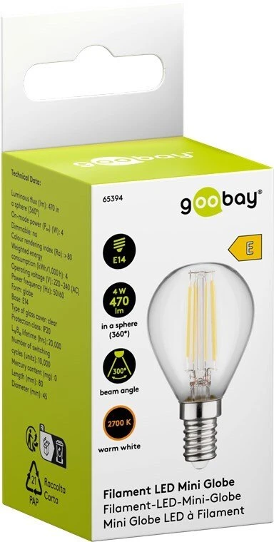Plokščia LED lemputė su gijos formos siūleliu 4W E14 2700K Globe Goobay E