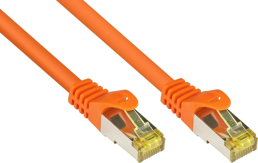 Good Connections Geros jungtys. RJ45 komutacinis kabelis su Cat.7 Roh kabeliu ir Rastnasenschutz (RNS), S/FTP, PiMF, be halogenų, 600MHz, OFC, oranžinis, 0,5m, (8070R-005O)