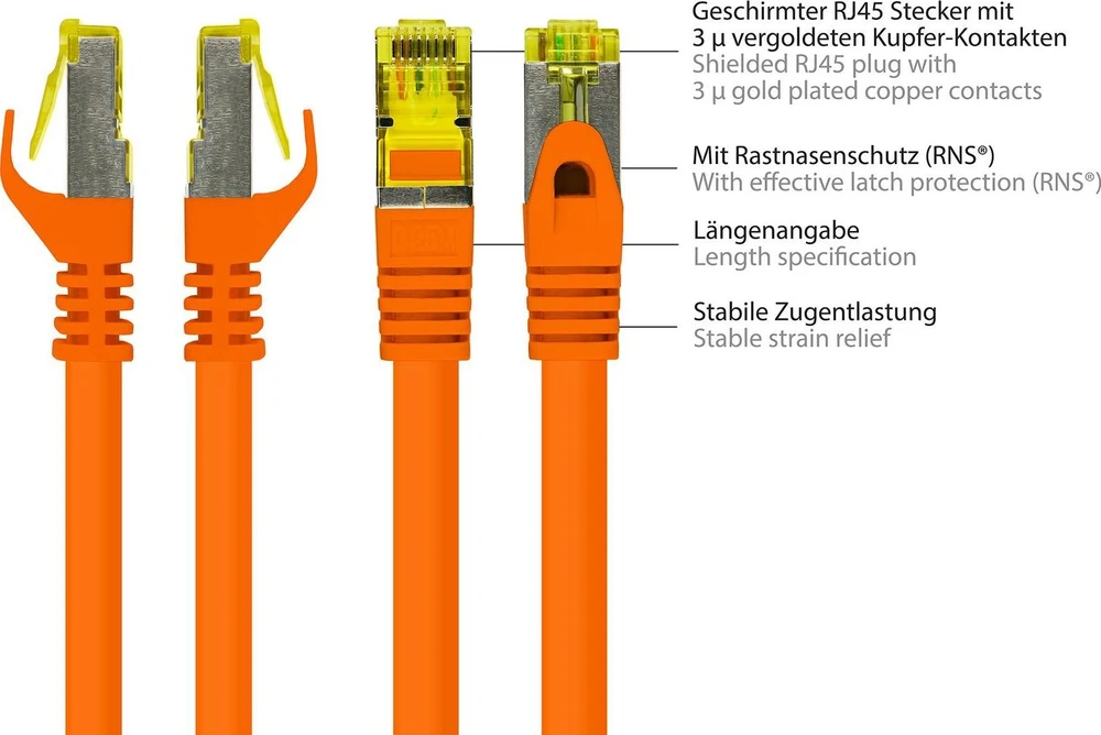 Good Connections Geros jungtys. RJ45 komutacinis kabelis su Cat.7 Roh kabeliu ir Rastnasenschutz (RNS), S/FTP, PiMF, be halogenų, 600MHz, OFC, oranžinis, 0,5m, (8070R-005O)