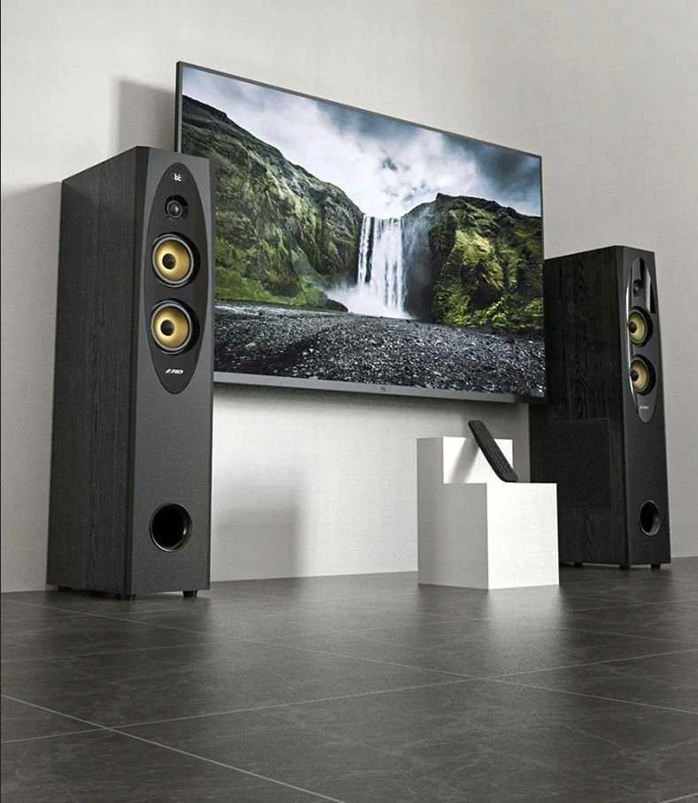 Kompiuterio kolonėlės Fenda F&D T-60X PRO 2.0 pastatomos garso kolonėlės, 120 W RMS (60 W x 2), 1 colio aukštų dažnių garsiakalbis + 2 4 colių garsiakalbiai + 8 colių žemų dažnių garsiakalbis kiekvienam kanalui, BT 5.3 / Optinis / Bendraašis / AUX / USB / Karaoke funkcija / LED ekranas / Nuotolinio valdymo pultas / Mikrofonas / Medinis, Jutiklinis mygtukas, Juodas