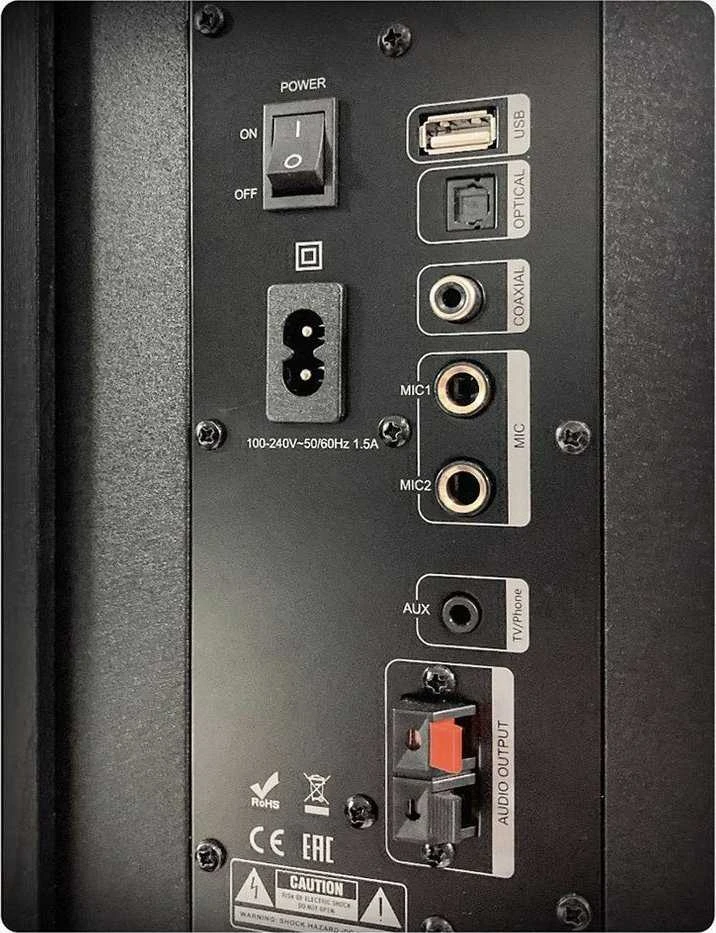 Kompiuterio kolonėlės Fenda F&D T-60X PRO 2.0 pastatomos garso kolonėlės, 120 W RMS (60 W x 2), 1 colio aukštų dažnių garsiakalbis + 2 4 colių garsiakalbiai + 8 colių žemų dažnių garsiakalbis kiekvienam kanalui, BT 5.3 / Optinis / Bendraašis / AUX / USB / Karaoke funkcija / LED ekranas / Nuotolinio valdymo pultas / Mikrofonas / Medinis, Jutiklinis mygtukas, Juodas