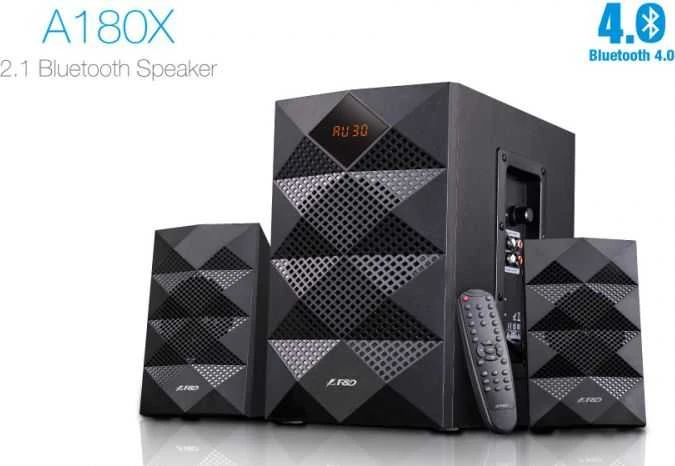 Kompiuterio kolonėlės Fenda F&D A180X 2.1 daugialypės terpės garsiakalbiai, 42W RMS (14Wx2+14W), 2x3'' palydovai + 5,25'' žemųjų dažnių garsiakalbis, BT 5.0/AUX/USB/FM/LED Ekranas/Nuotolinio valdymo pultas/Medinis/Juodas