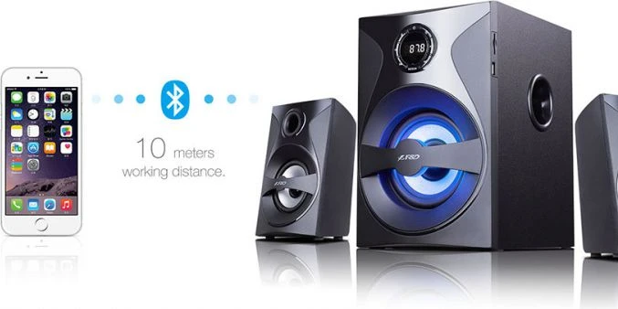 Kompiuterio kolonėlės Fenda F&D F380X 2.1 daugialypės terpės garsiakalbiai, 54 W RMS (13 Wx2 + 28 W), 2x3 colių palydovai + 5,25 colių žemųjų dažnių garsiakalbis, BT 5.0 / NFC / AUX / USB / FM / SD kortelių skaitytuvas / kelių spalvų LED / LED Ekranas / nuotolinio valdymo pultas /Medinis/Juodas