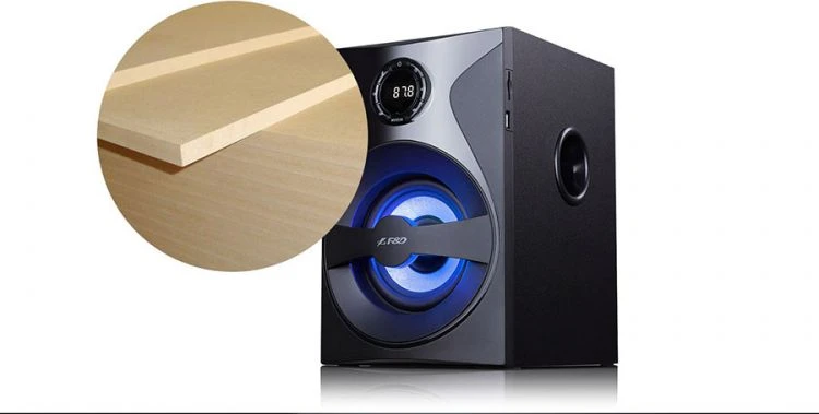 Kompiuterio kolonėlės Fenda F&D F380X 2.1 daugialypės terpės garsiakalbiai, 54 W RMS (13 Wx2 + 28 W), 2x3 colių palydovai + 5,25 colių žemųjų dažnių garsiakalbis, BT 5.0 / NFC / AUX / USB / FM / SD kortelių skaitytuvas / kelių spalvų LED / LED Ekranas / nuotolinio valdymo pultas /Medinis/Juodas