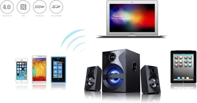 Kompiuterio kolonėlės Fenda F&D F380X 2.1 daugialypės terpės garsiakalbiai, 54 W RMS (13 Wx2 + 28 W), 2x3 colių palydovai + 5,25 colių žemųjų dažnių garsiakalbis, BT 5.0 / NFC / AUX / USB / FM / SD kortelių skaitytuvas / kelių spalvų LED / LED Ekranas / nuotolinio valdymo pultas /Medinis/Juodas