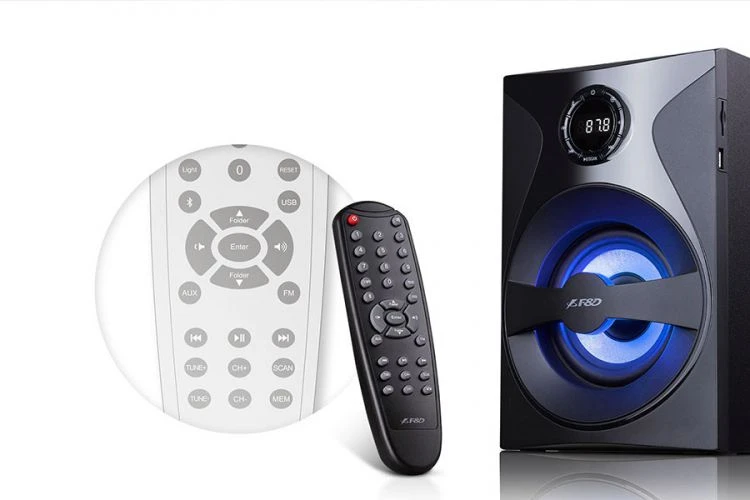 Kompiuterio kolonėlės Fenda F&D F380X 2.1 daugialypės terpės garsiakalbiai, 54 W RMS (13 Wx2 + 28 W), 2x3 colių palydovai + 5,25 colių žemųjų dažnių garsiakalbis, BT 5.0 / NFC / AUX / USB / FM / SD kortelių skaitytuvas / kelių spalvų LED / LED Ekranas / nuotolinio valdymo pultas /Medinis/Juodas