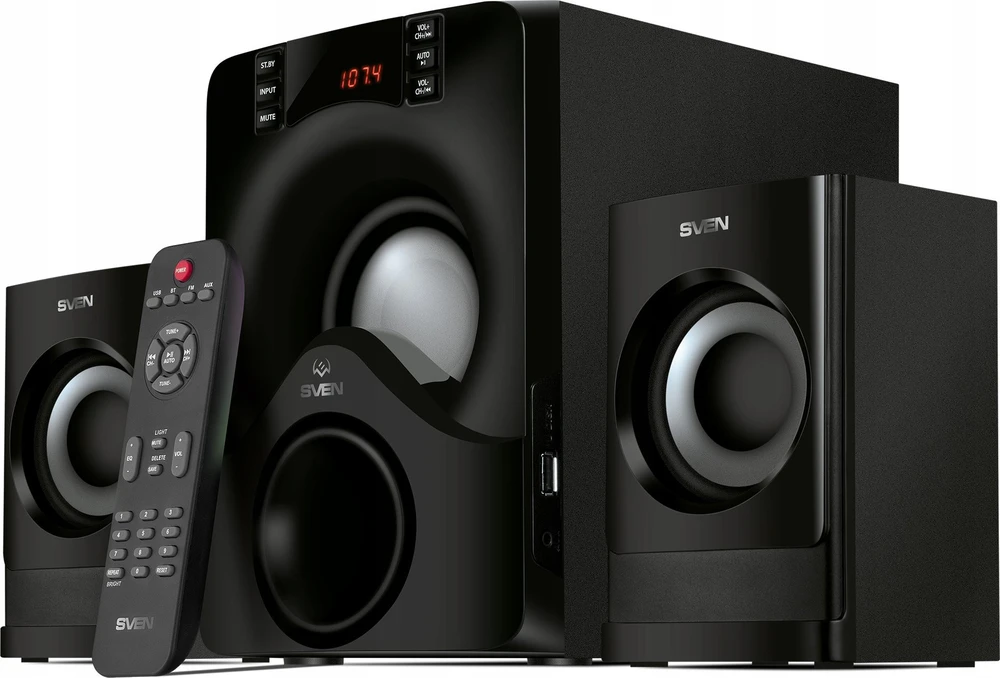 Kompiuterio kolonėlės 2.1 kolonėlės SVEN MS-312, juodas, Bluetooth, FM, USB, Ekranas, RC blokas, galia 20W+2x10W (RMS)