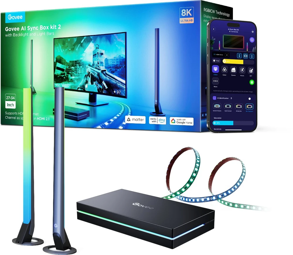 „Govee AI Sync Box Kit 2“ išmaniojo kompiuterio apšvietimo komplektas 27–34 colių + LED panelės