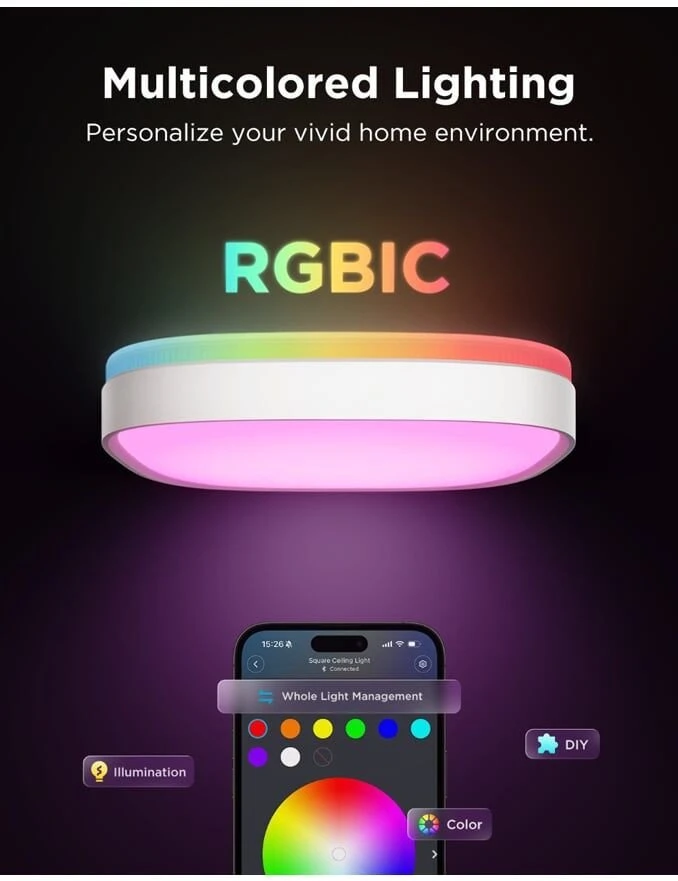 Lubinis šviestuvas Govee RGBWW + RGBIC 24W išmanusis kvadratinis šviestuvas 30cm skersmens Matter (H80A4)