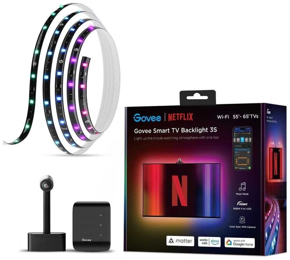 „Govee R2A80“ trijų kamerų televizoriaus foninis apšvietimas, 55–65 colių | Taśma LED | pašvietimas 55–65 colių televizoriui, RGBWWIC, „Wi-Fi“ + „Bluetooth“