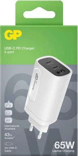 GP Battery GP GaN USB įkroviklis QuickChargeAdapter PD 2xUSB-C ir 1xUSB-A baltas 65W