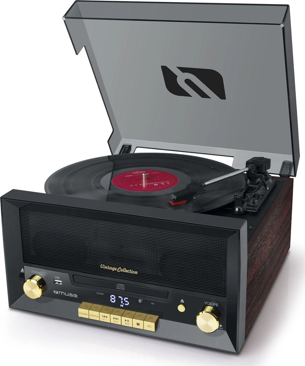 Muse Mūza | Patefono mikrosistema su vinilo deku | MT-112 W | Mikrosistemos kompaktinis diskas su patefonu | USB jungtis