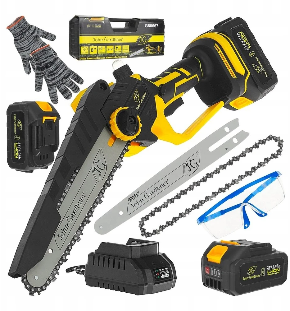 Grandininis pjūklas Piła grandininis John Gardener Piła grandininis akumuliatorinė 8'' su lagaminu 2x4.0Ah 21V – komplektas XXL (10)