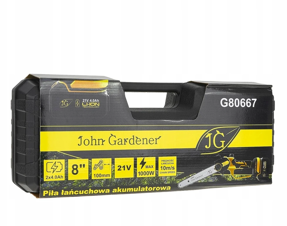 Grandininis pjūklas Piła grandininis John Gardener Piła grandininis akumuliatorinė 8'' su lagaminu 2x4.0Ah 21V – komplektas XXL (10)