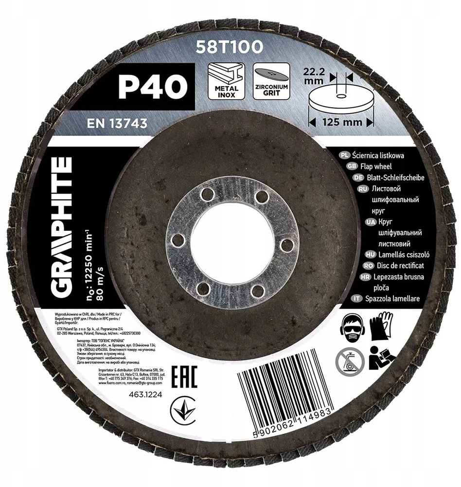 Graphite Ściernica Cirkonio plokštelinis šlifavimo diskas xa0125 x 22,2 mm, P40