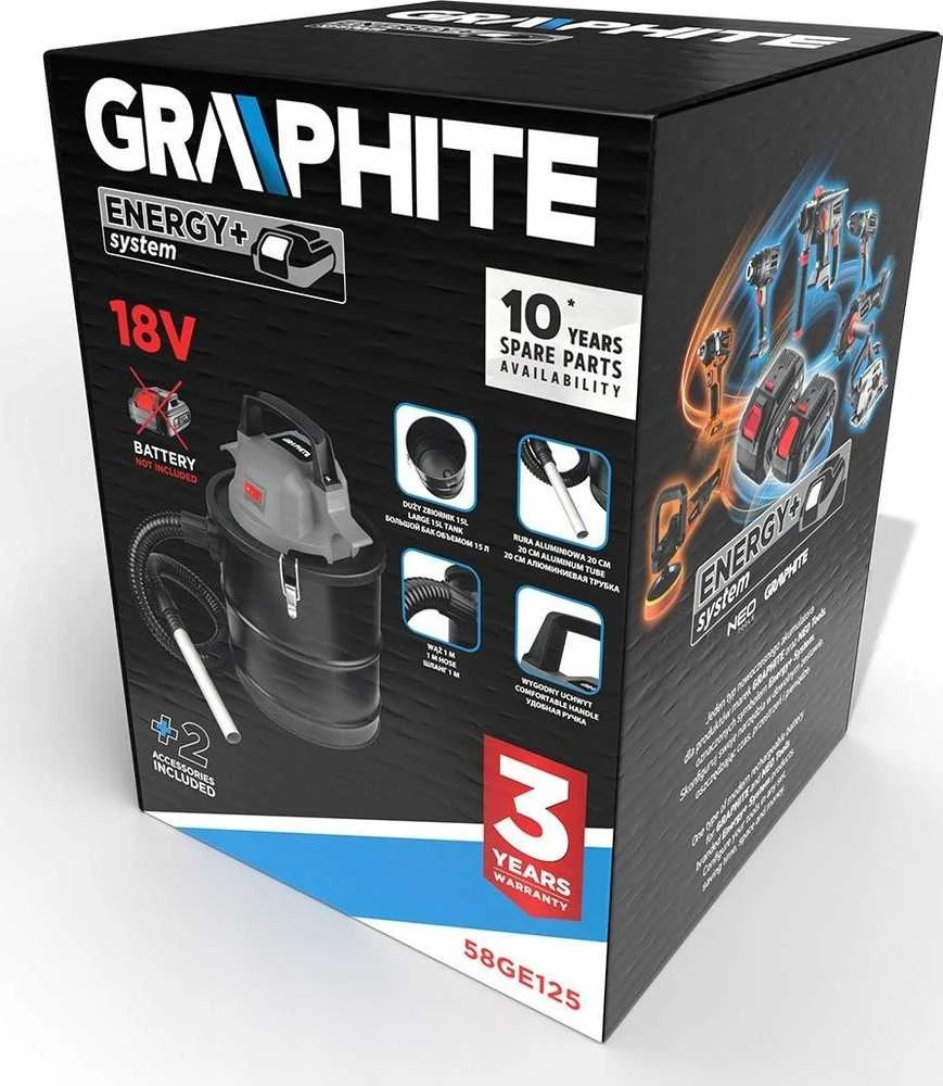 Graphite Dulkių siurblys „Energy+“ 18 V ličio jonų pelenų siurblys, 15 l bakas, be akumuliatoriaus