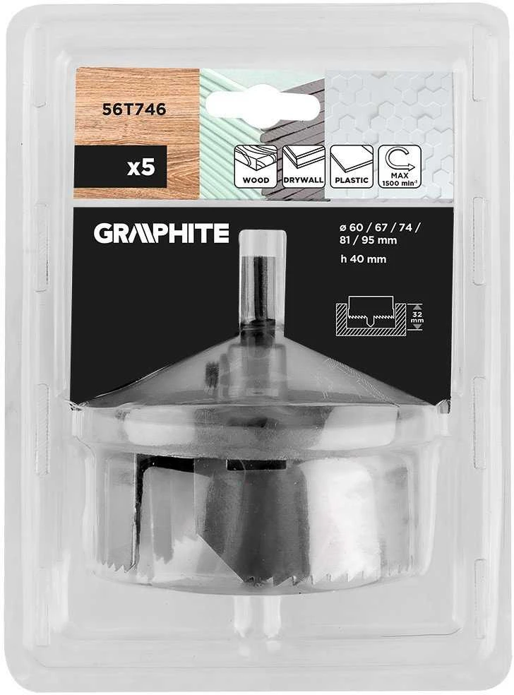Otwornice Skylėms gręžti medienai 60–95 mm, aukštis 40 mm, 5 vnt. rinkinys