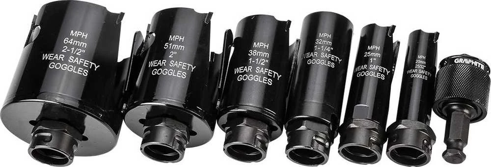 Grąžtas Graphite Otwornice Plieniniai skylių pjūklai su kietlydinio antgaliu (19, 25, 32, 38, 51, 64 mm), 10 dalių rinkinys