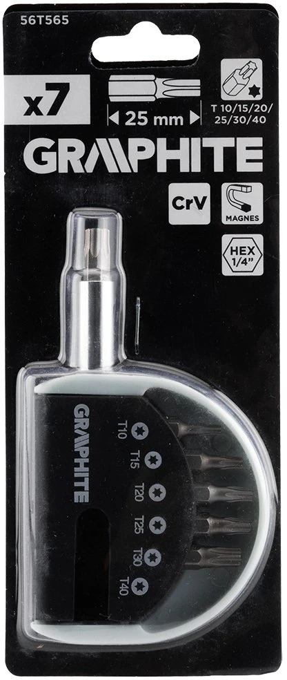 Graphite Rinkinys Atsuktuvų antgalių rinkinys T10, T15, T20, T25, T30, T40 su laikikliu, 7 vnt.
