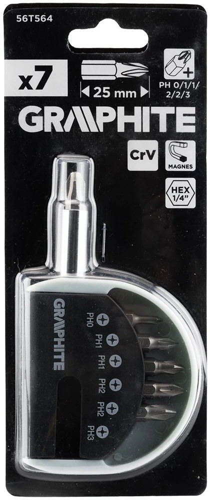 Graphite Rinkinys Atsuktuvų antgalių rinkinys PH0, PH1x2, PH2x2, PH3 su laikikliu, 7 vnt.