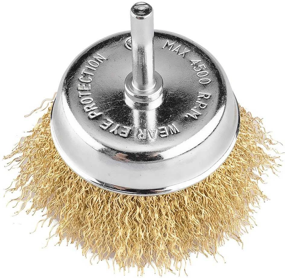 Szczotka 75 mm vielinis šepetys puodelio formos, gofruota viela, padengtas žalvariu, su 6 mm kotu