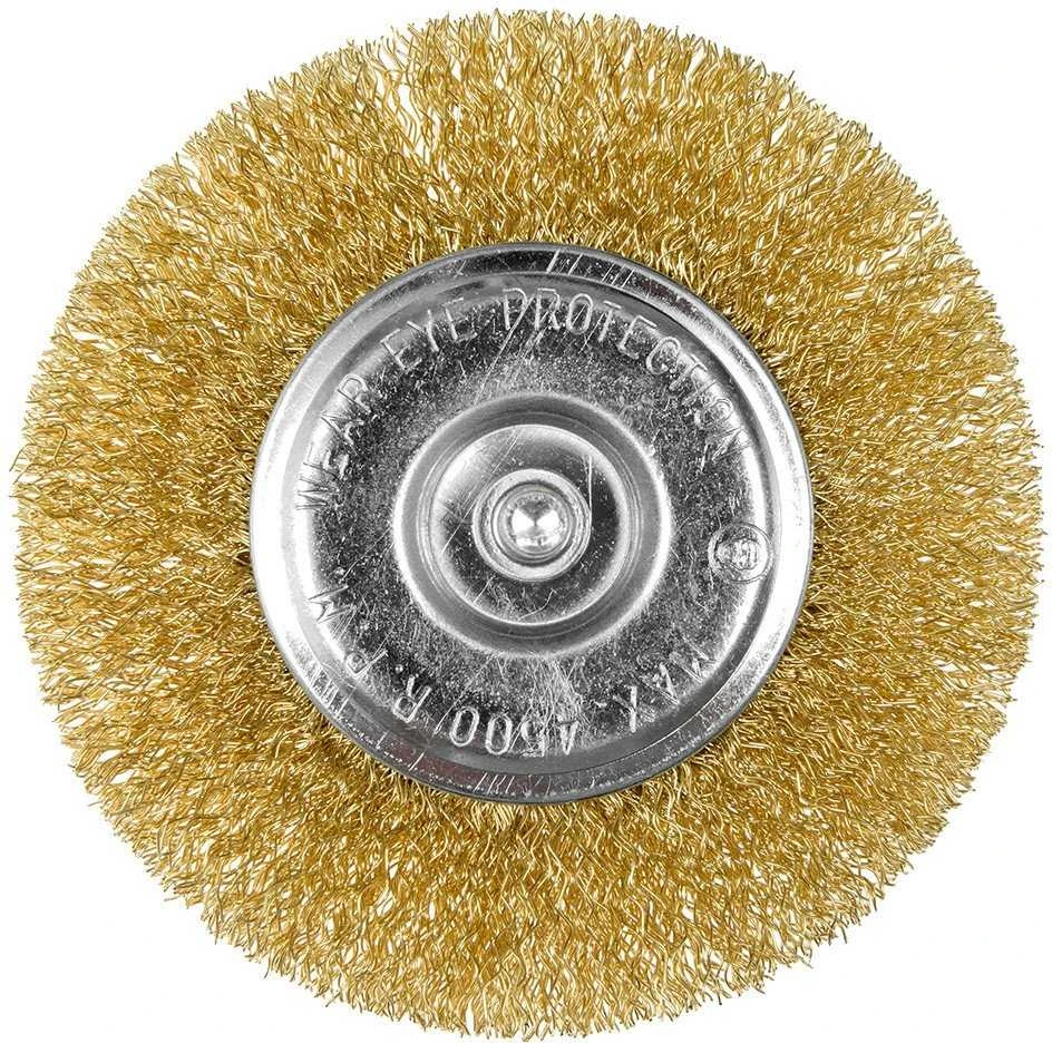 Szczotka 100 mm vielinis diskinis šepetys, gofruota viela, padengtas žalvariu, su 6 mm kotu
