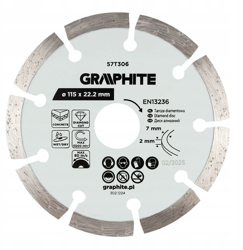 Graphite Tarcza Segmentuotas deimantinis pjovimo diskas, 115 x 22,2 mm, sausam ir šlapiam apdirbimui